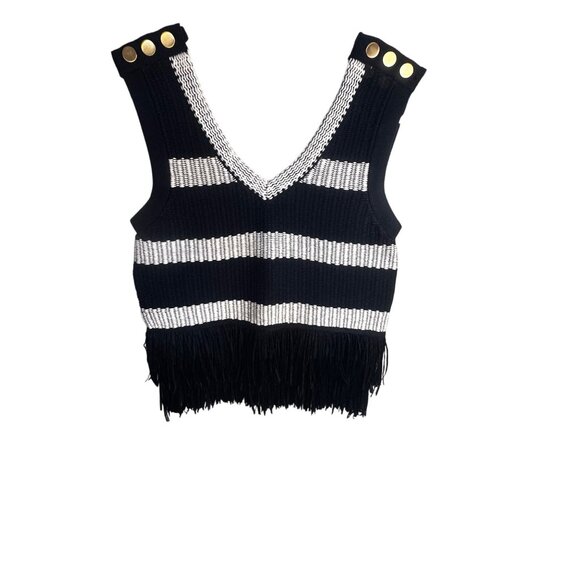 Club Monaco Navy & White Striped Knit Tank Top Fringe Sz XS Gold Buttons Trendy - Picture 3 of 14